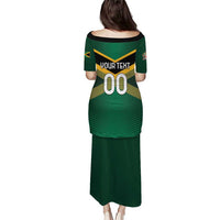Green off-shoulder rugby long dress with back number 00 graphic