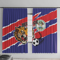 Pair of blue window curtains with Belize flag stripe and Jaguars logo, two panels