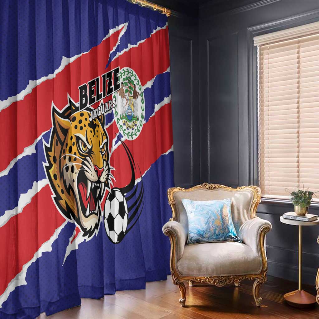 Blue Belize-themed window curtain panels with Jaguars mascot and soccer ball graphic