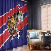 Blue Belize-themed window curtain panels with Jaguars mascot and soccer ball graphic