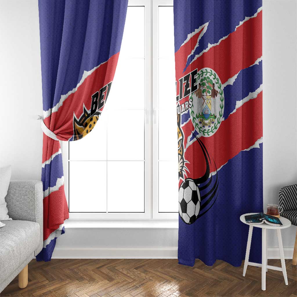 Blue window curtains with Belize flag diagonal stripe and Jaguars mascot print