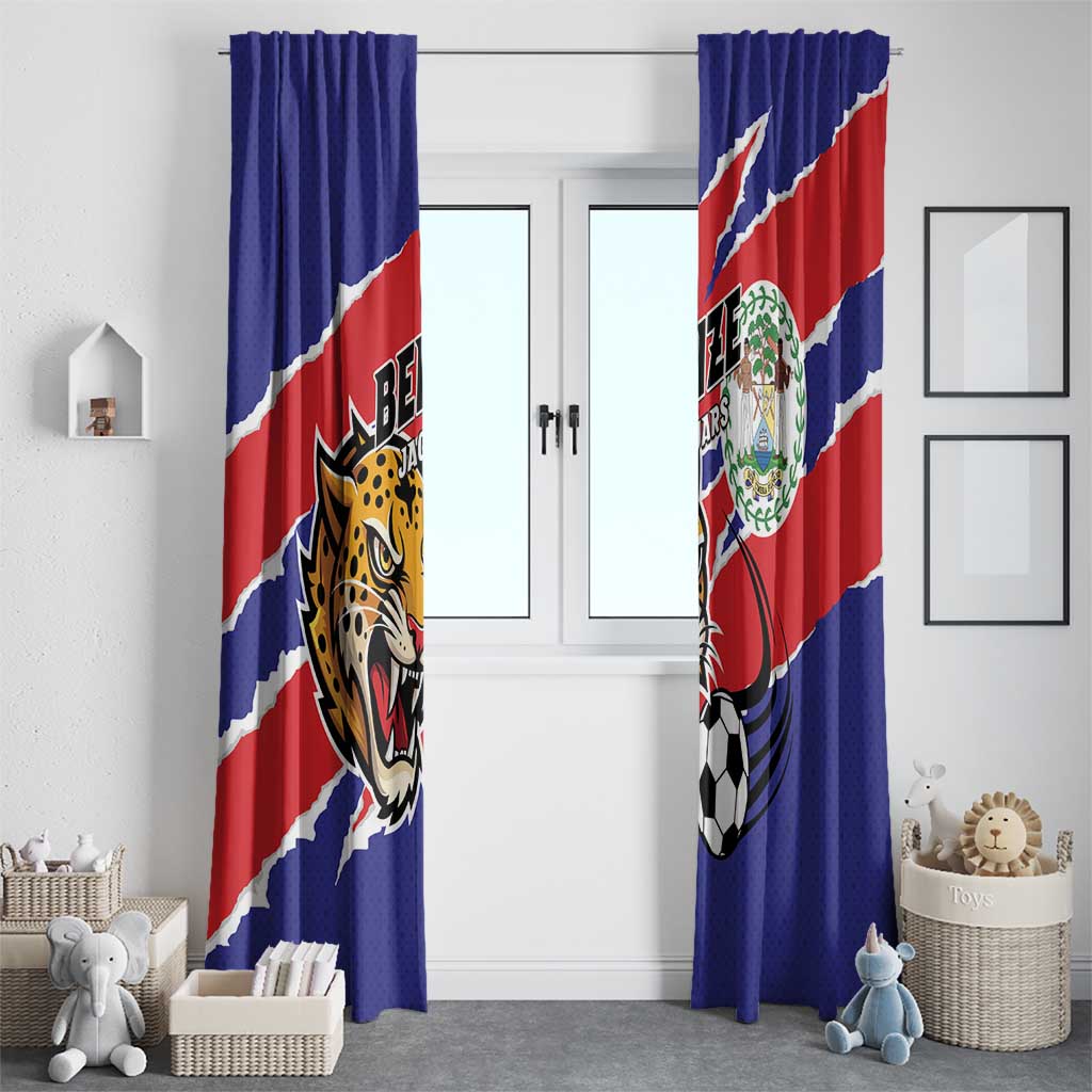 Two blue curtain panels with Belize flag stripe and Jaguars graphics for windows