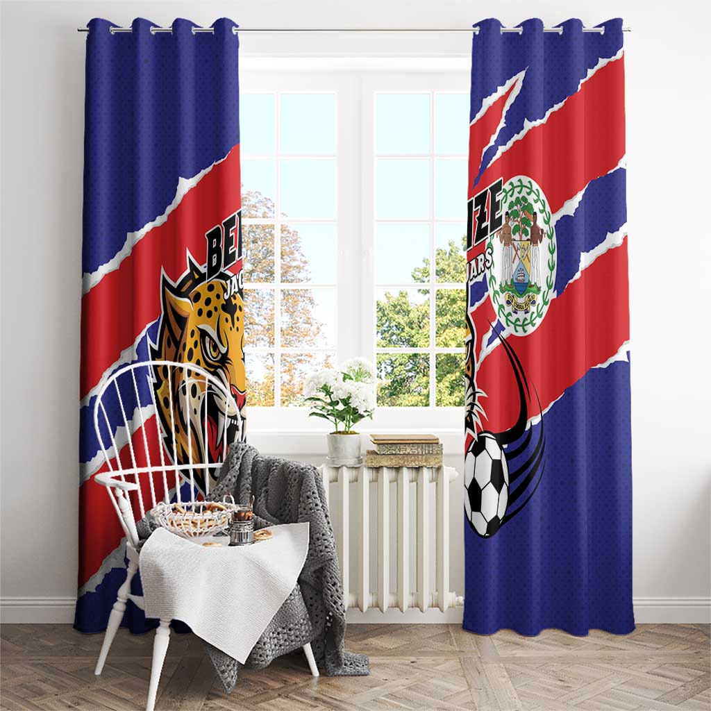 Blue curtains with Belize flag stripe, Jaguars logo, and hanging grommets at top