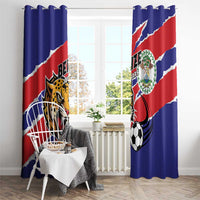 Blue curtains with Belize flag stripe, Jaguars logo, and hanging grommets at top