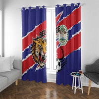 Blue grommet-top window curtains with Belize flag stripe and Jaguars soccer ball graphic