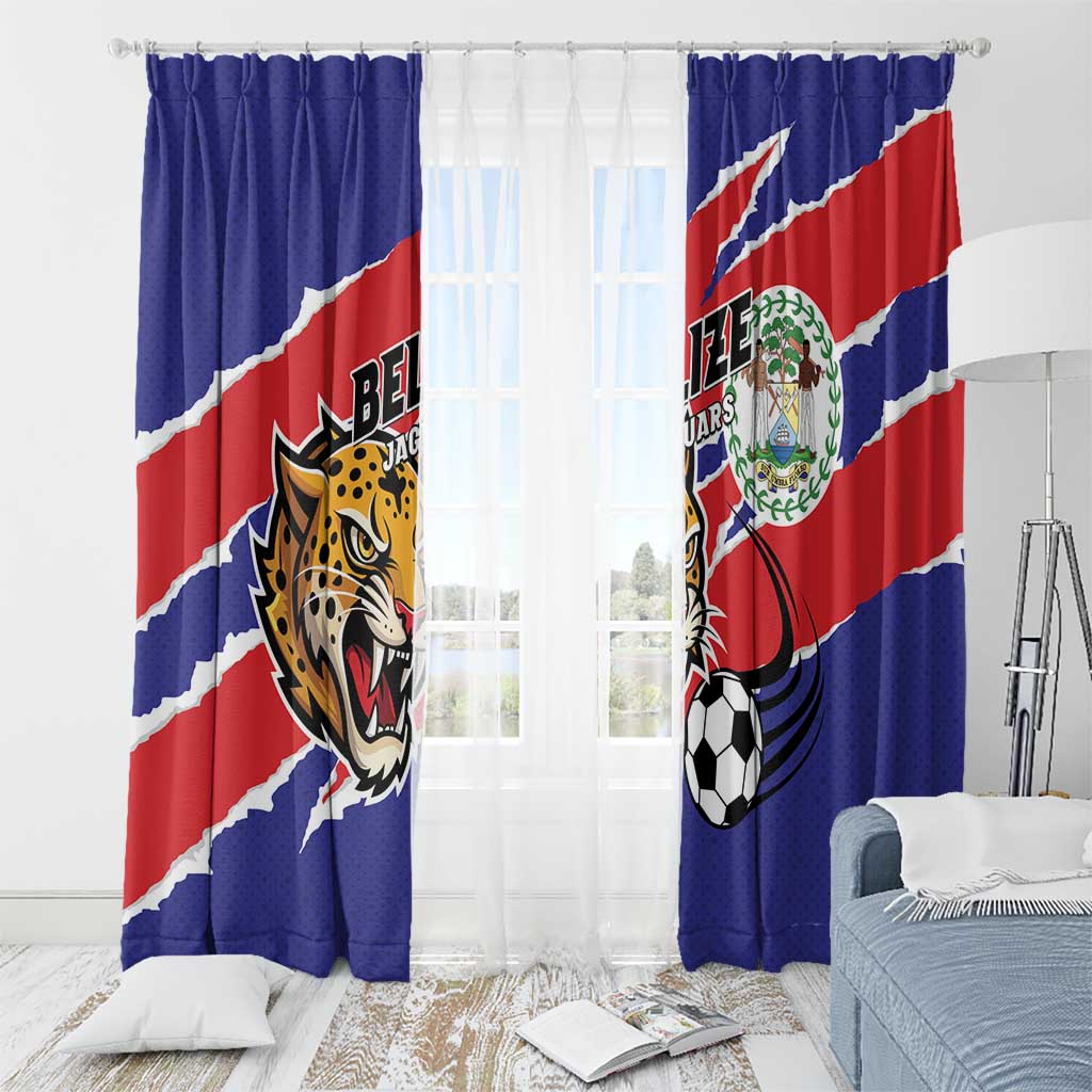 Blue curtain pair with Belize flag stripe and Jaguars mascot print, set on a window