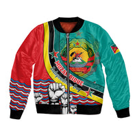 Red and teal bomber jacket with Mozambique emblem, stars, and zip front