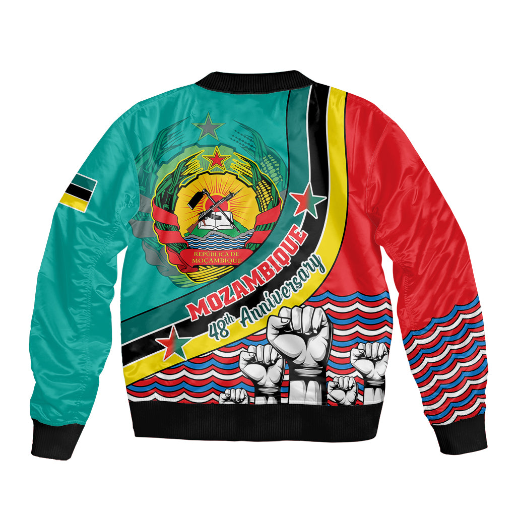 Teal and red bomber jacket with Mozambique crest, “48th Anniversary” text, and ribbed cuffs