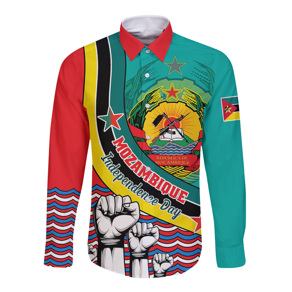 Long-sleeve button shirt in teal and red with Mozambique emblem and waving fist graphic