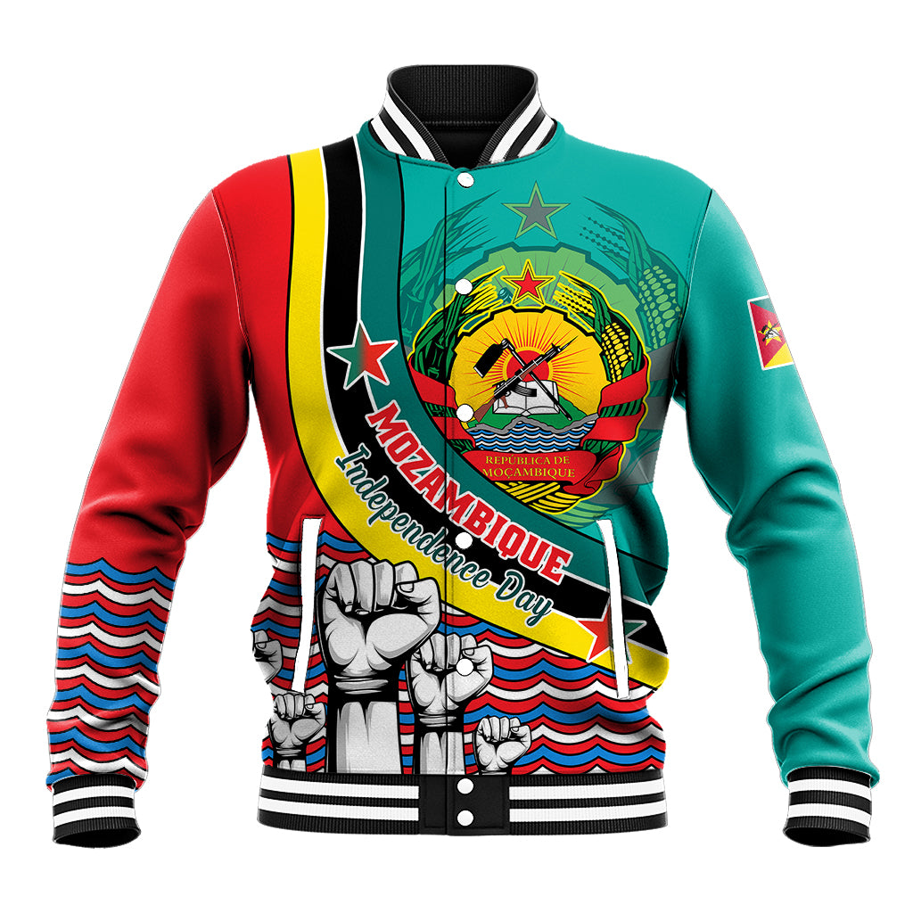 Color-block baseball jacket with emblem graphic, striped collar and cuffs; red/teal/black trim