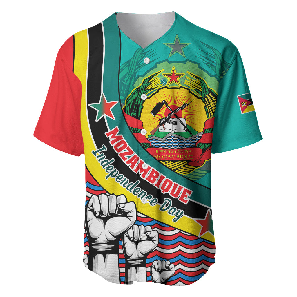 Green baseball jersey with Mozambique emblem, flag stripes, and Independence Day graphics