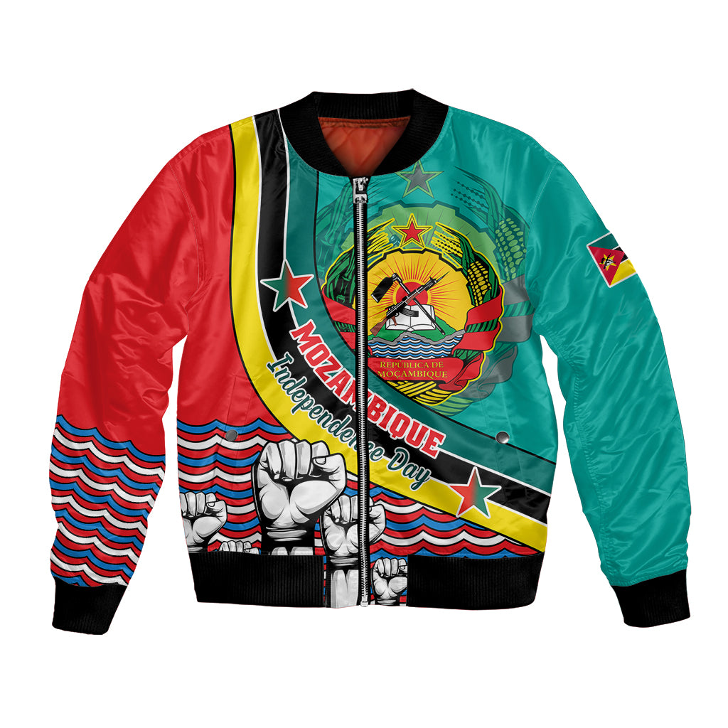 Red and teal bomber jacket with front zipper and Mozambique emblem patch