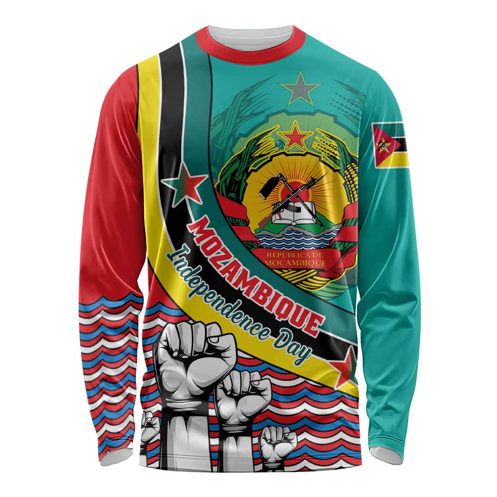 Long-sleeve turquoise shirt with red sleeves; Mozambique emblem and Independence Day print