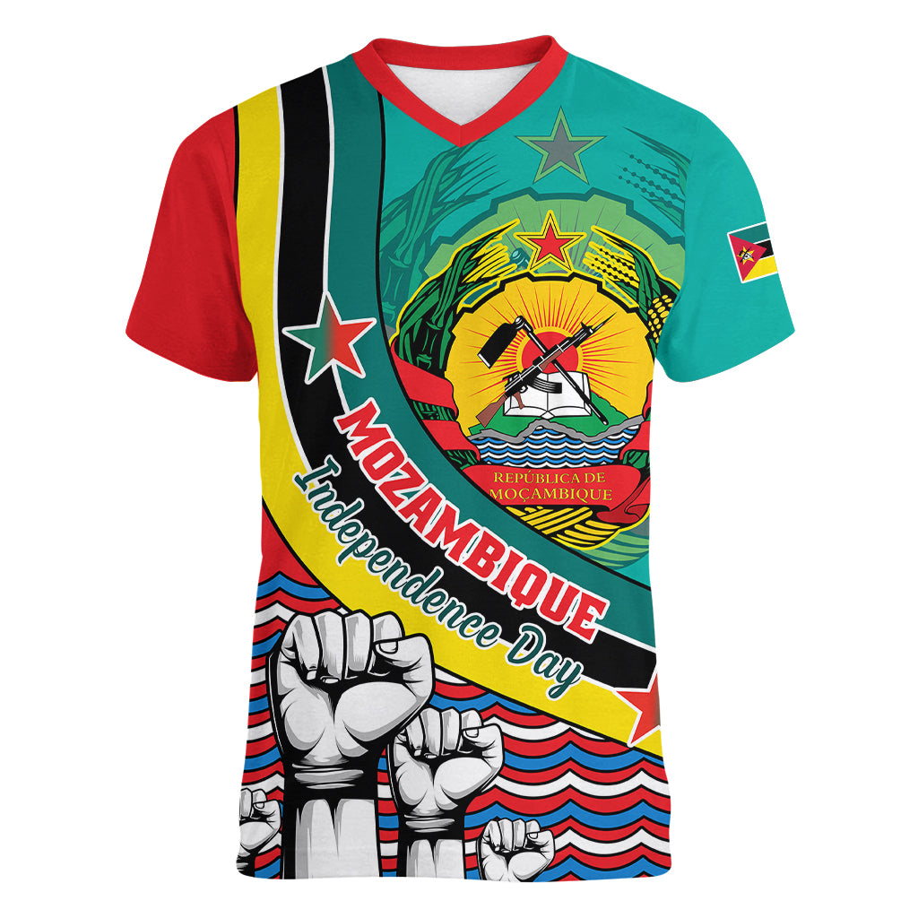 Personalised Mozambique Independence Day Women V Neck T Shirt Mozambiki Emblem Happy 48th Anniversary - Wonder Print Shop