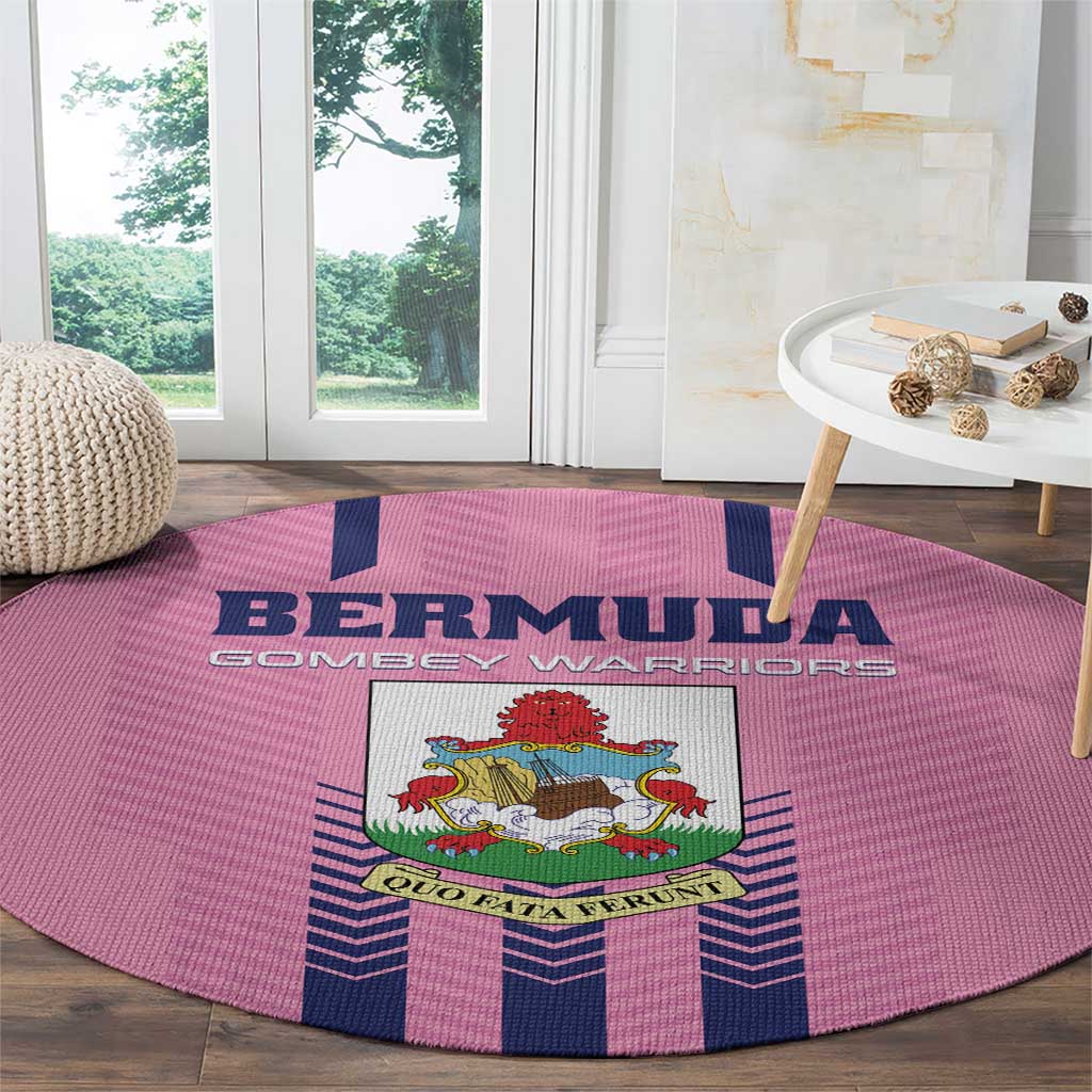 Pink round rug with Bermuda crest and blue chevron bands