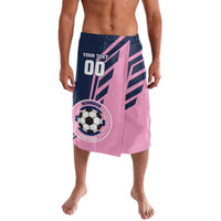 Pink and navy football bermuda shorts with soccer ball crest and geometric stripes