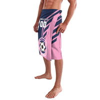 Pink and navy football bermuda shorts with soccer ball badge front graphic