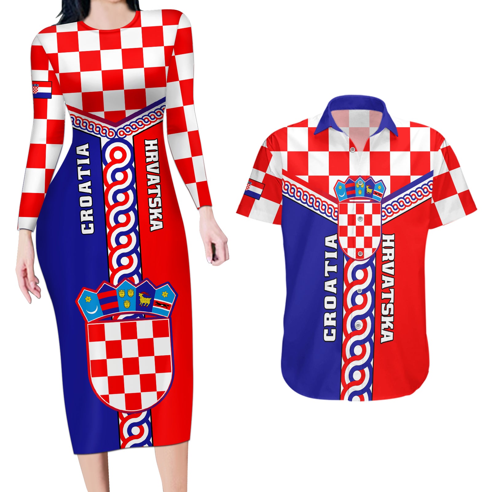 Croatia Couples Matching Long Sleeve Bodycon Dress and Hawaiian Shirt Hrvatska Interlace With Coat Of Arms - Wonder Print Shop