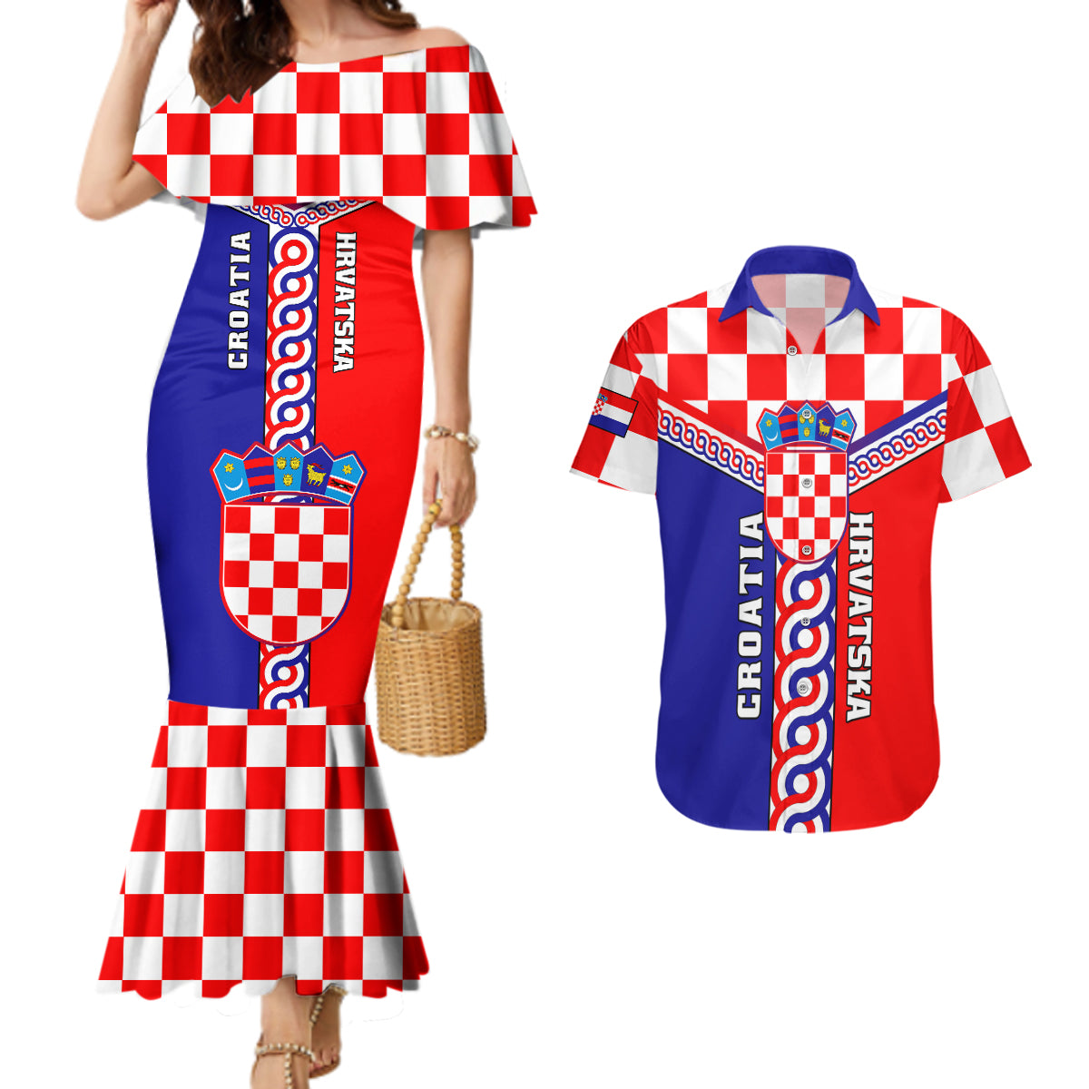 Croatia Couples Matching Mermaid Dress And Hawaiian Shirt Hrvatska Interlace With Coat Of Arms - Wonder Print Shop