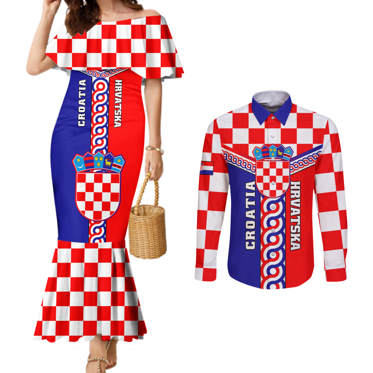 croatia-couples-matching-mermaid-dress-and-long-sleeve-button-shirts-hrvatska-interlace-with-coat-of-arms