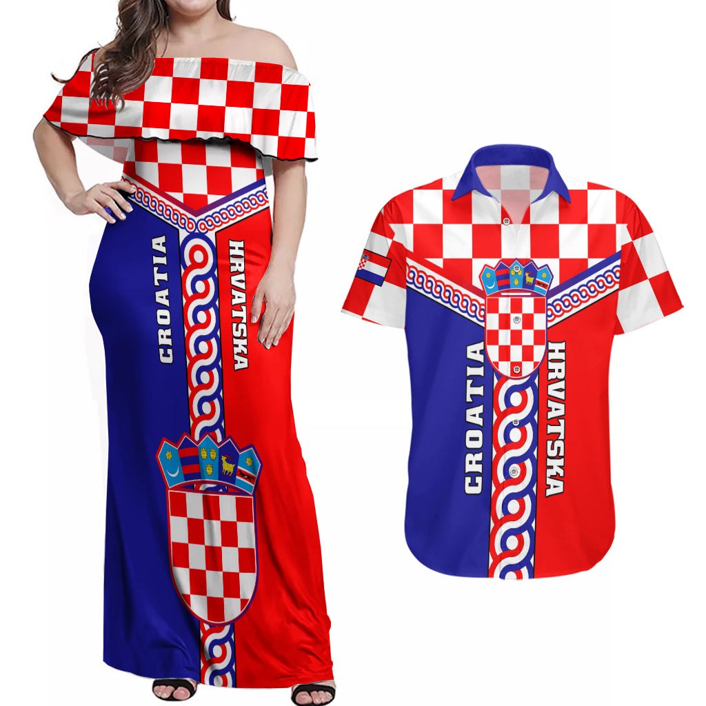 Croatia Couples Matching Off Shoulder Maxi Dress and Hawaiian Shirt Hrvatska Interlace With Coat Of Arms - Wonder Print Shop