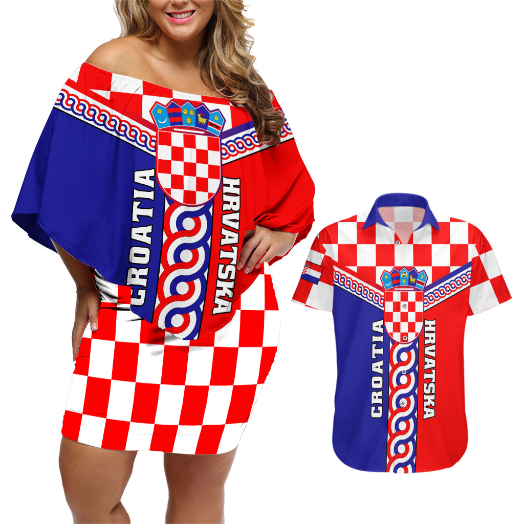 Croatia Couples Matching Off Shoulder Short Dress and Hawaiian Shirt Hrvatska Interlace With Coat Of Arms - Wonder Print Shop