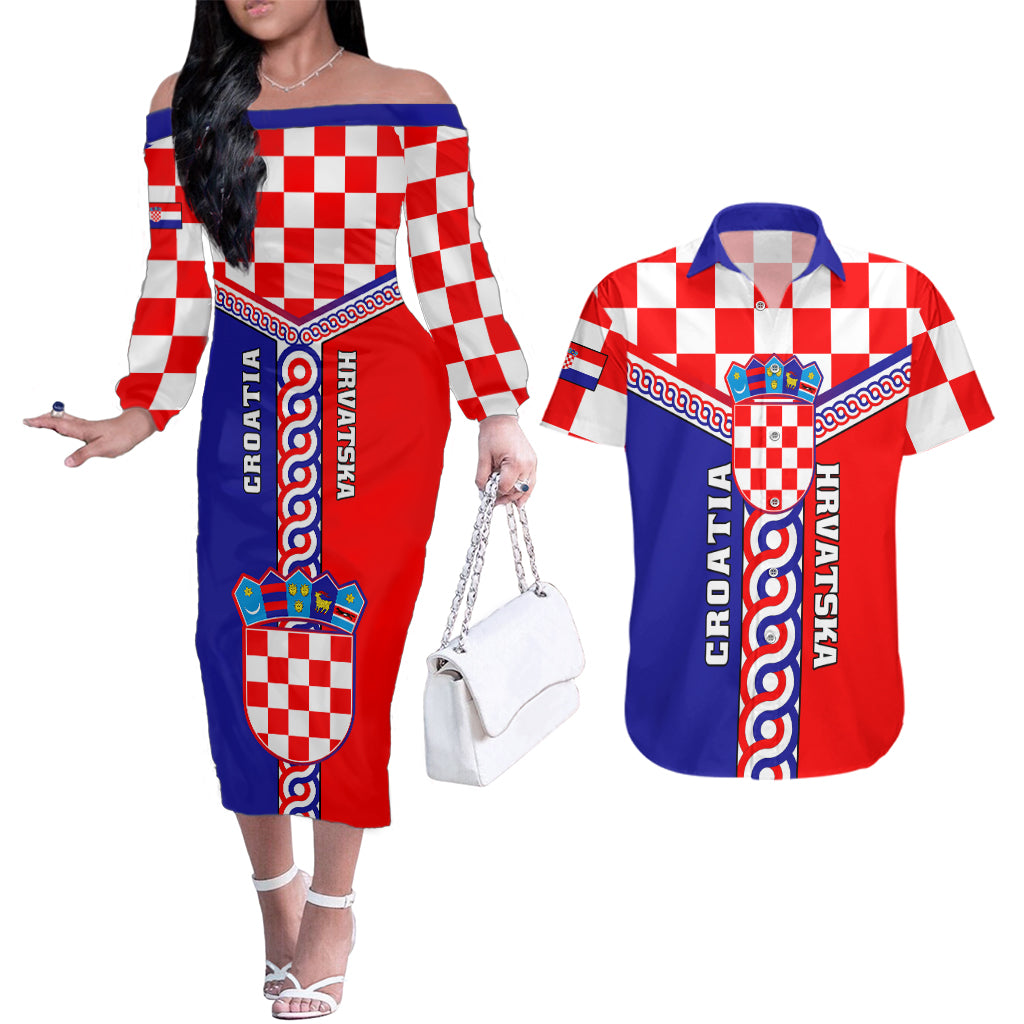 Croatia Couples Matching Off The Shoulder Long Sleeve Dress and Hawaiian Shirt Hrvatska Interlace With Coat Of Arms - Wonder Print Shop