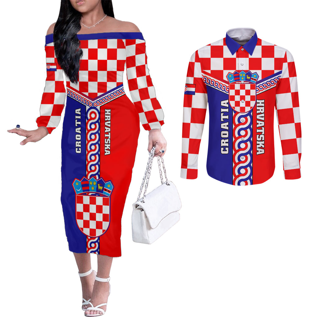 croatia-couples-matching-off-the-shoulder-long-sleeve-dress-and-long-sleeve-button-shirts-hrvatska-interlace-with-coat-of-arms