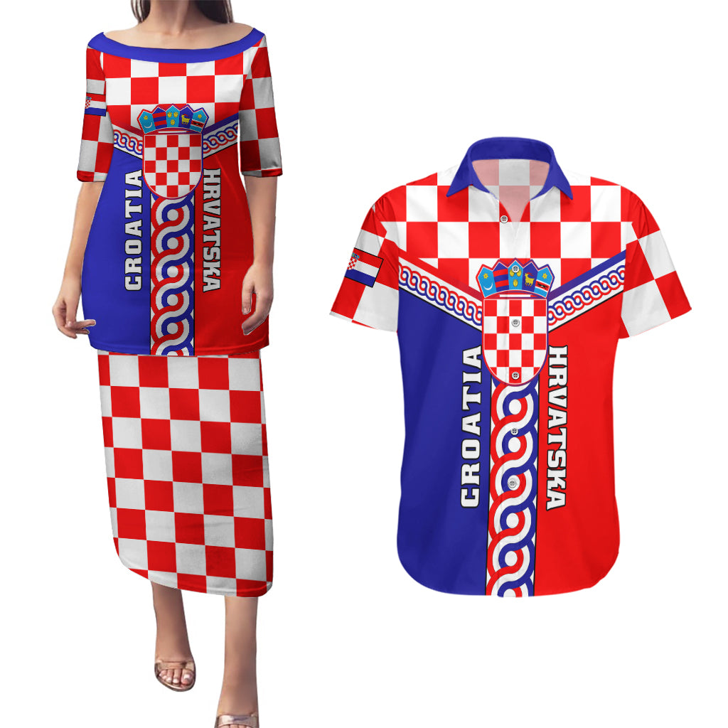 Croatia Couples Matching Puletasi Dress and Hawaiian Shirt Hrvatska Interlace With Coat Of Arms - Wonder Print Shop