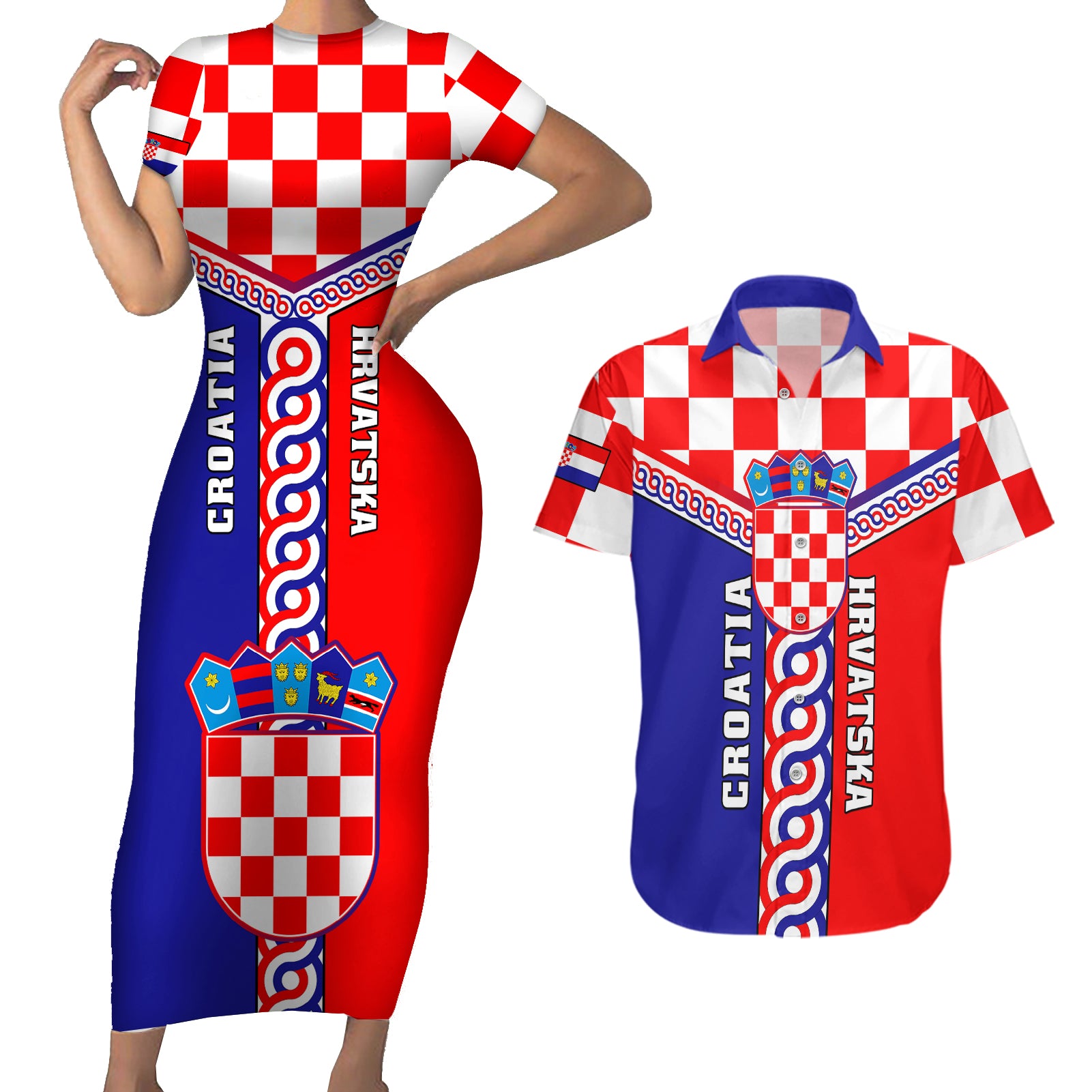 Croatia Couples Matching Short Sleeve Bodycon Dress and Hawaiian Shirt Hrvatska Interlace With Coat Of Arms - Wonder Print Shop