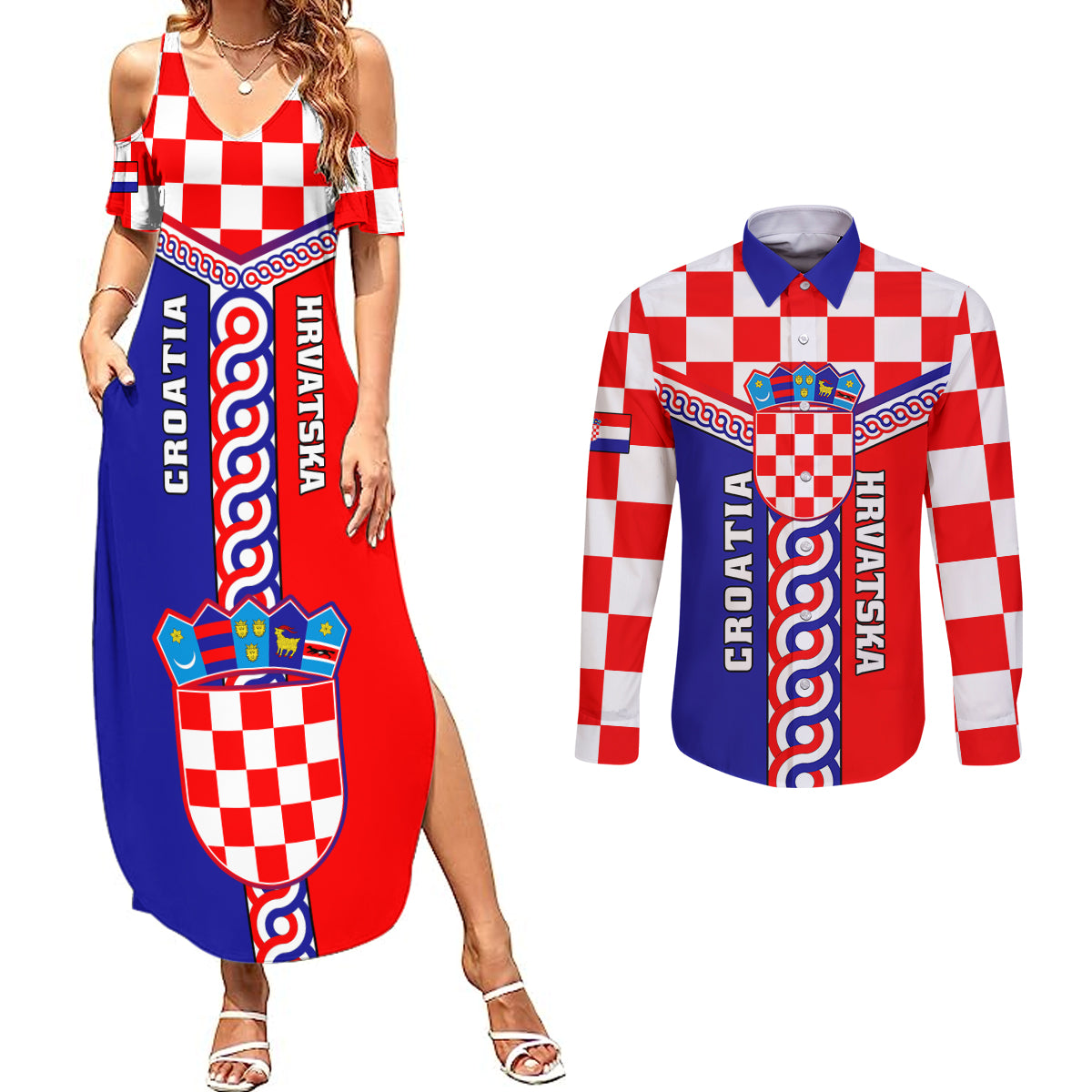 Croatia Couples Matching Summer Maxi Dress and Long Sleeve Button Shirts Hrvatska Interlace With Coat Of Arms - Wonder Print Shop