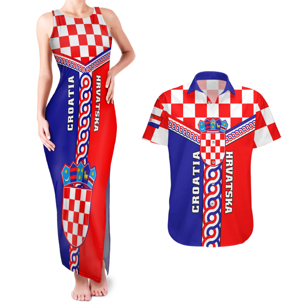 Croatia Couples Matching Tank Maxi Dress And Hawaiian Shirt Hrvatska Interlace With Coat Of Arms - Wonder Print Shop