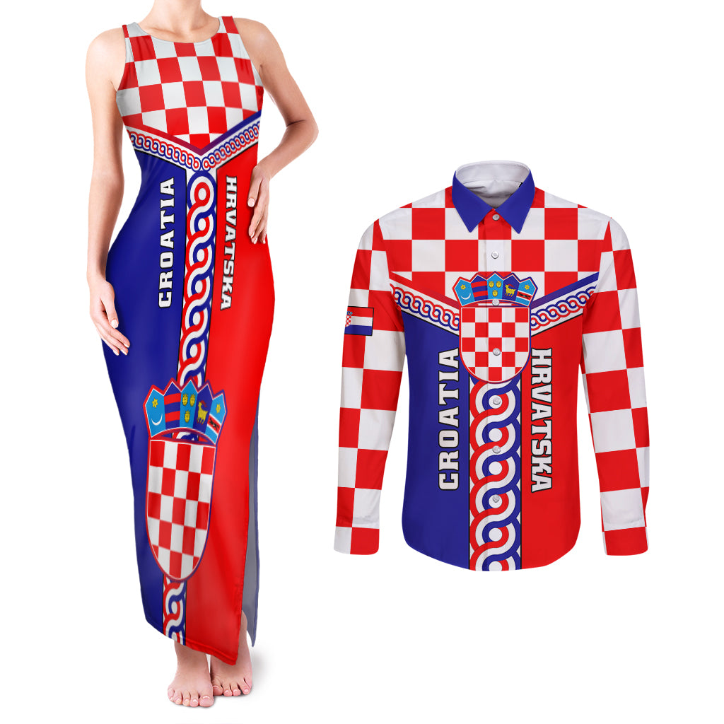 Croatia Couples Matching Tank Maxi Dress and Long Sleeve Button Shirts Hrvatska Interlace With Coat Of Arms - Wonder Print Shop