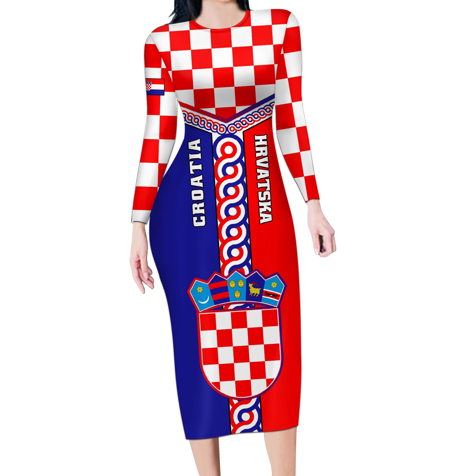 Croatia Long Sleeve Bodycon Dress Hrvatska Interlace With Coat Of Arms - Wonder Print Shop