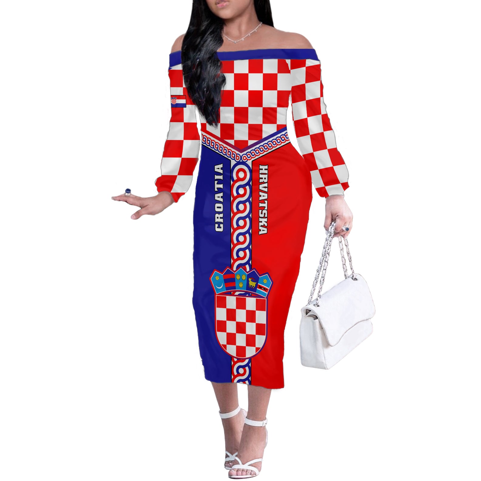 Croatia Off The Shoulder Long Sleeve Dress Hrvatska Interlace With Coat Of Arms - Wonder Print Shop