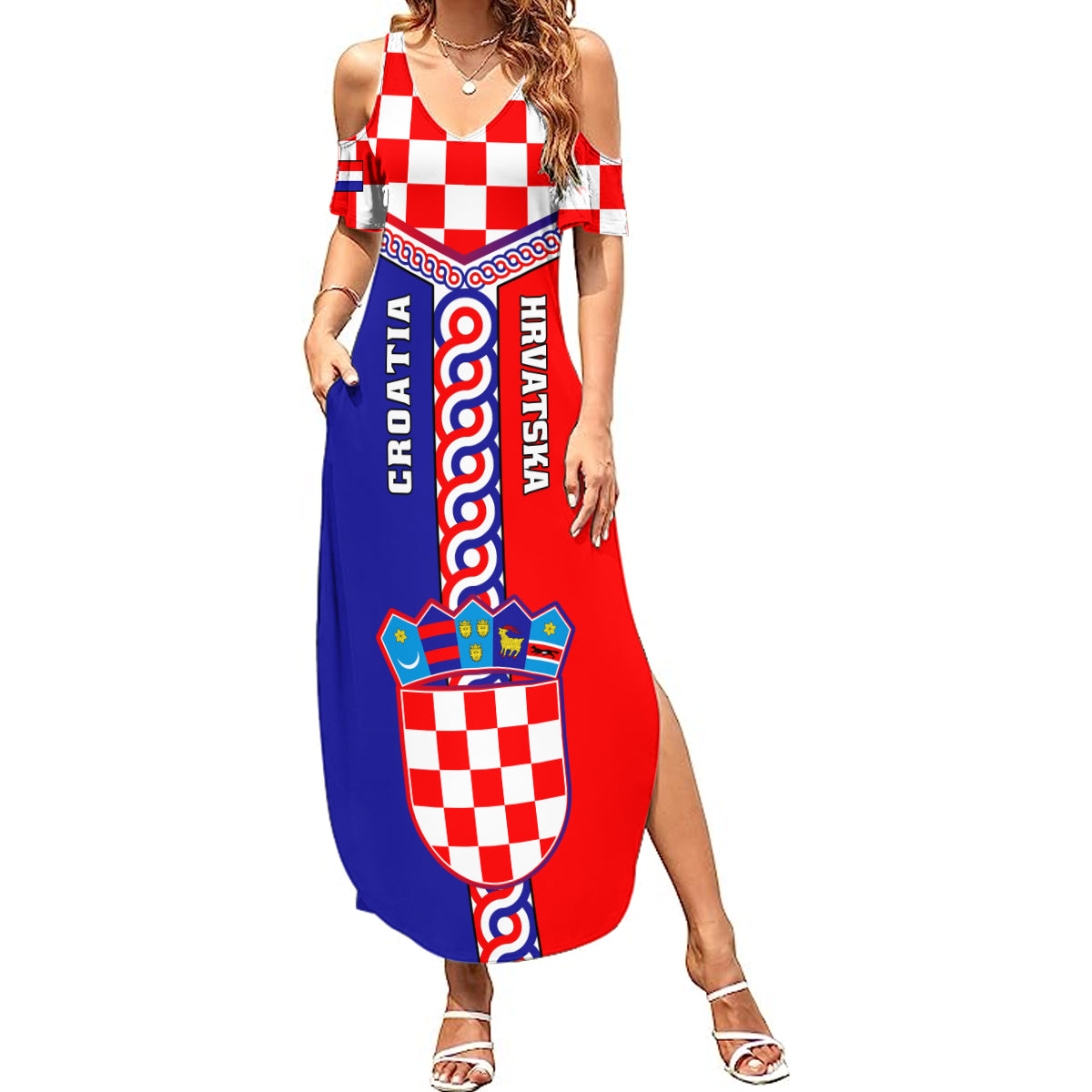 Croatia Summer Maxi Dress Hrvatska Interlace With Coat Of Arms - Wonder Print Shop