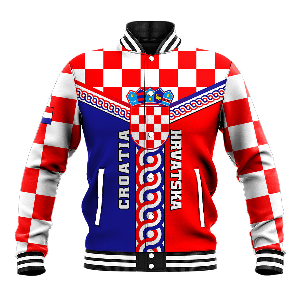 Unisex Croatia baseball jacket with red-and-white checkered sleeves, blue center crest