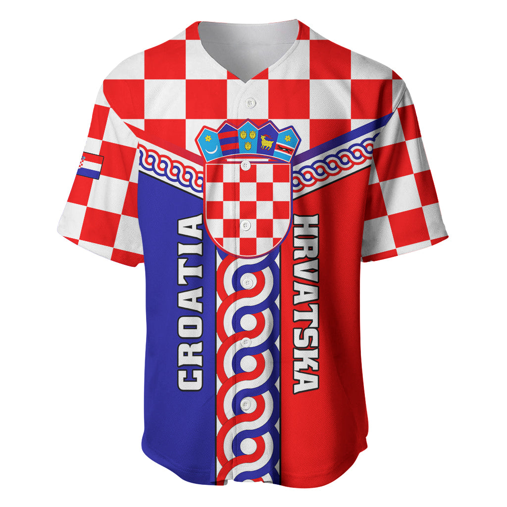 Red, white, and blue Croatia baseball jersey with front coat of arms panel