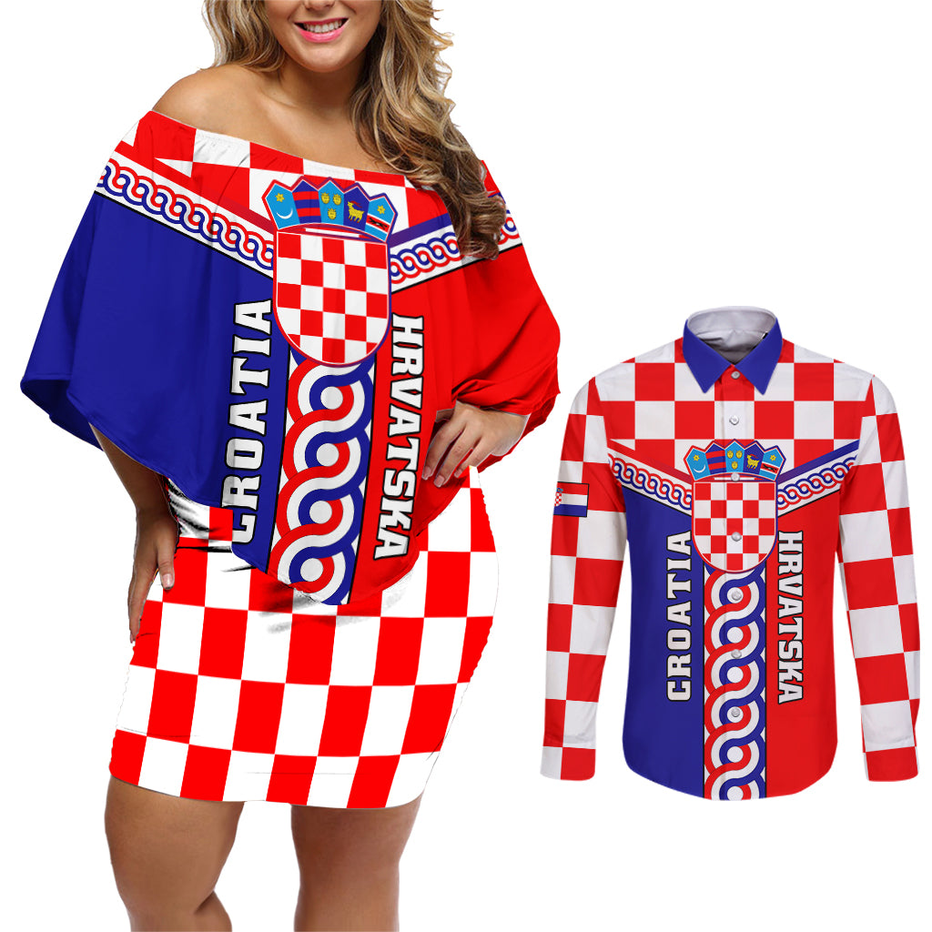 Custom Croatia Couples Matching Off Shoulder Short Dress and Long Sleeve Button Shirts Hrvatska Interlace With Coat Of Arms - Wonder Print Shop