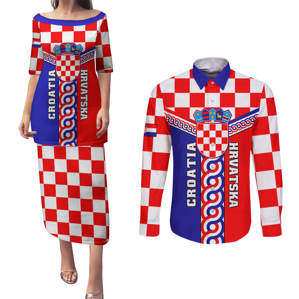 Custom Croatia Couples Matching Puletasi Dress and Long Sleeve Button Shirts Hrvatska Interlace With Coat Of Arms - Wonder Print Shop