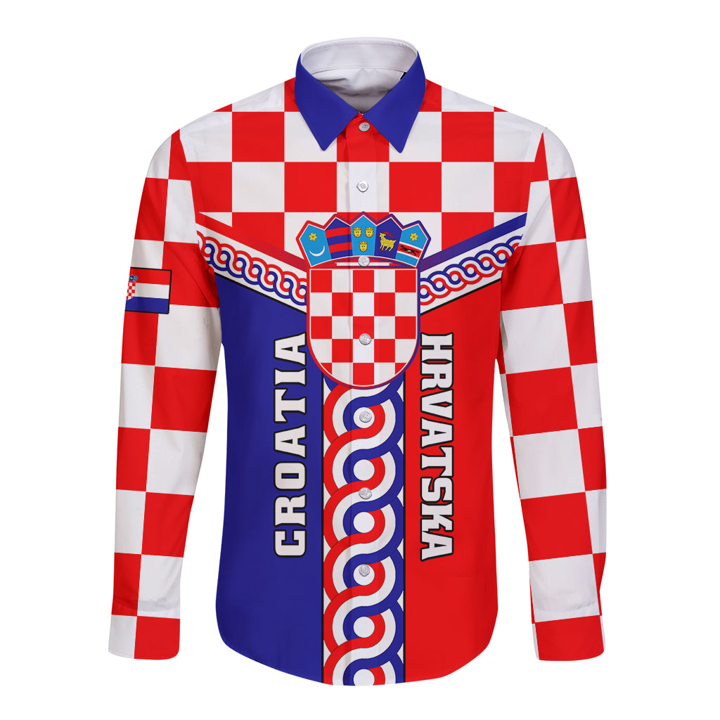 Long-sleeve button shirt with red and white checker pattern, blue crest front
