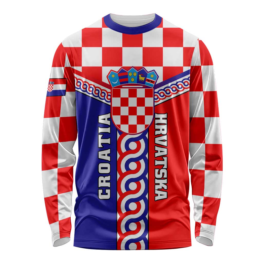 Unisex long-sleeve shirt with red/white check pattern and blue crest front graphic
