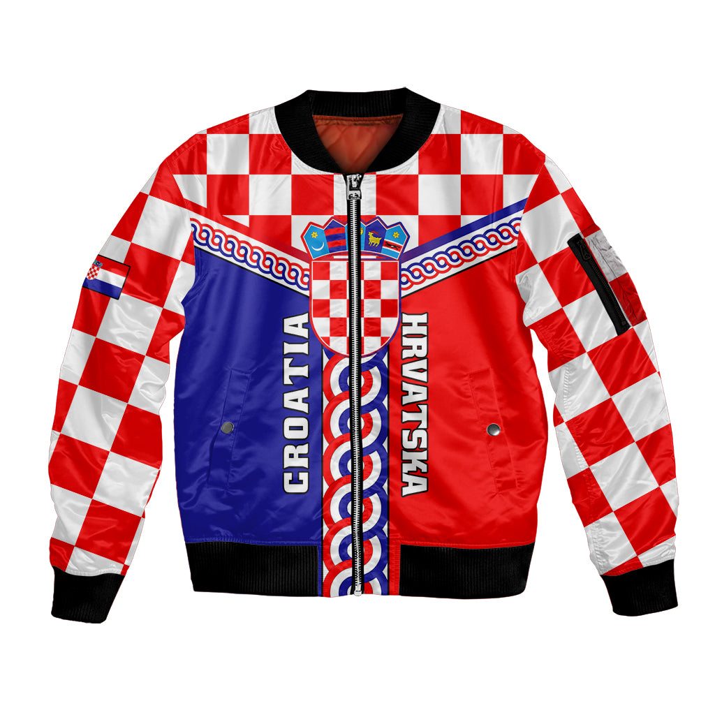 Red, blue and checker print zip-front bomber jacket with ribbed cuffs and hem