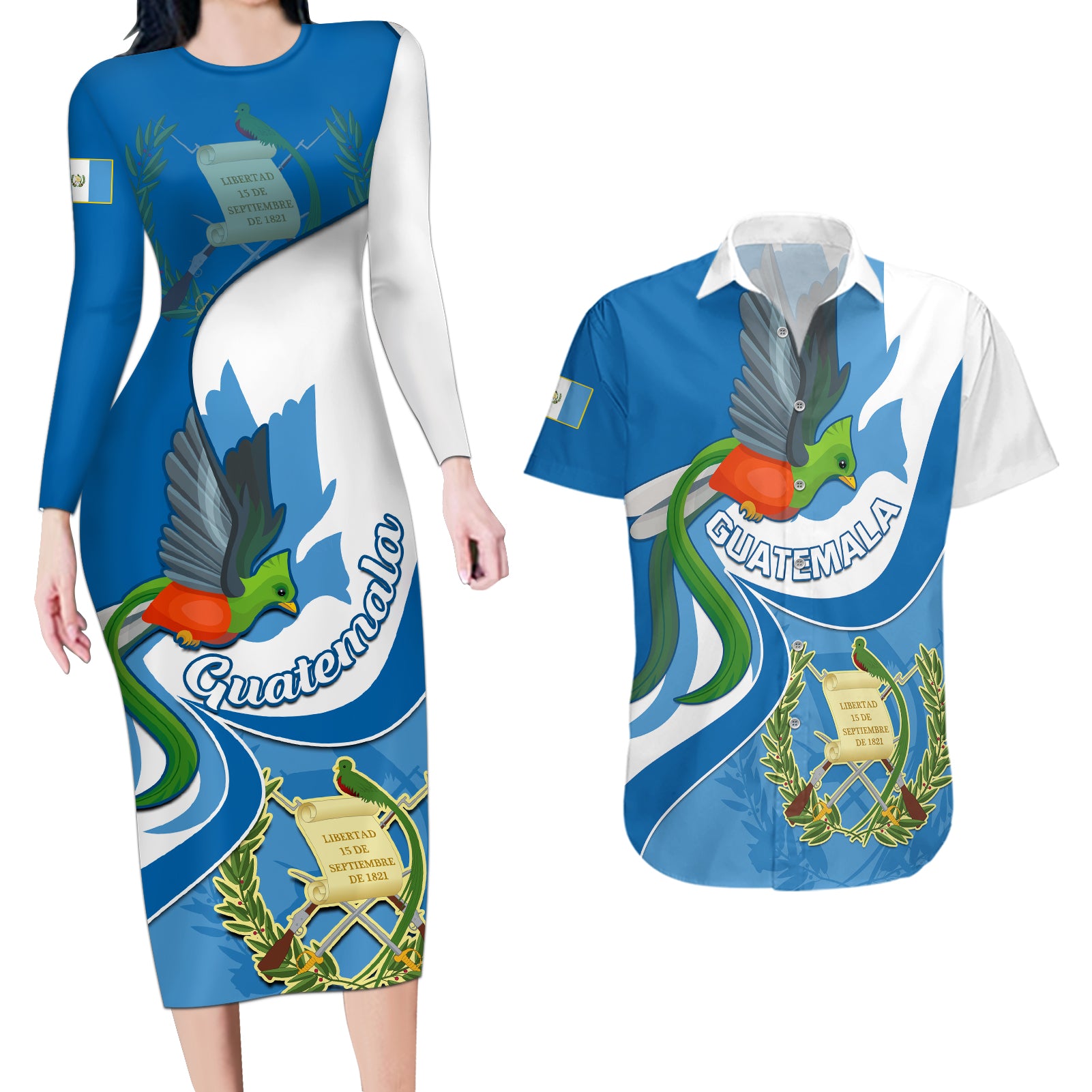 Guatemala Couples Matching Long Sleeve Bodycon Dress and Hawaiian Shirt Guatemalan Quetzal With Coat of Arms - Wonder Print Shop