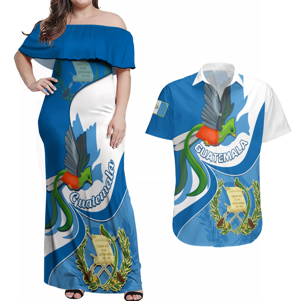 Guatemala Couples Matching Off Shoulder Maxi Dress and Hawaiian Shirt Guatemalan Quetzal With Coat of Arms - Wonder Print Shop