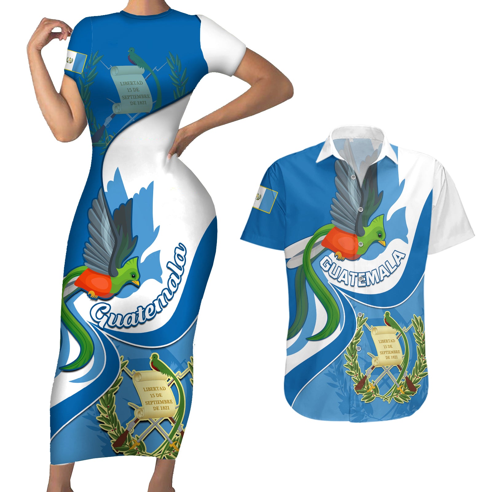 Guatemala Couples Matching Short Sleeve Bodycon Dress and Hawaiian Shirt Guatemalan Quetzal With Coat of Arms - Wonder Print Shop