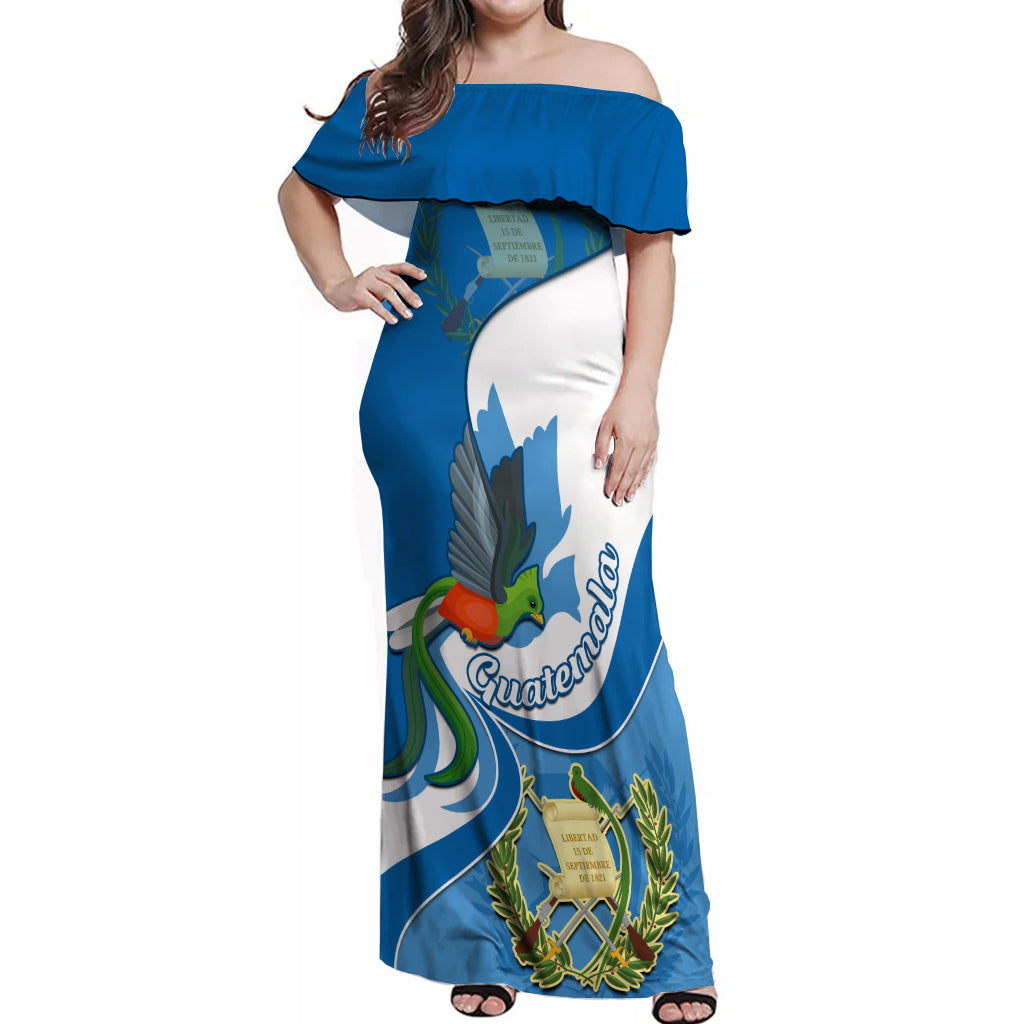 Guatemala Off Shoulder Maxi Dress Guatemalan Quetzal With Coat of Arms - Wonder Print Shop