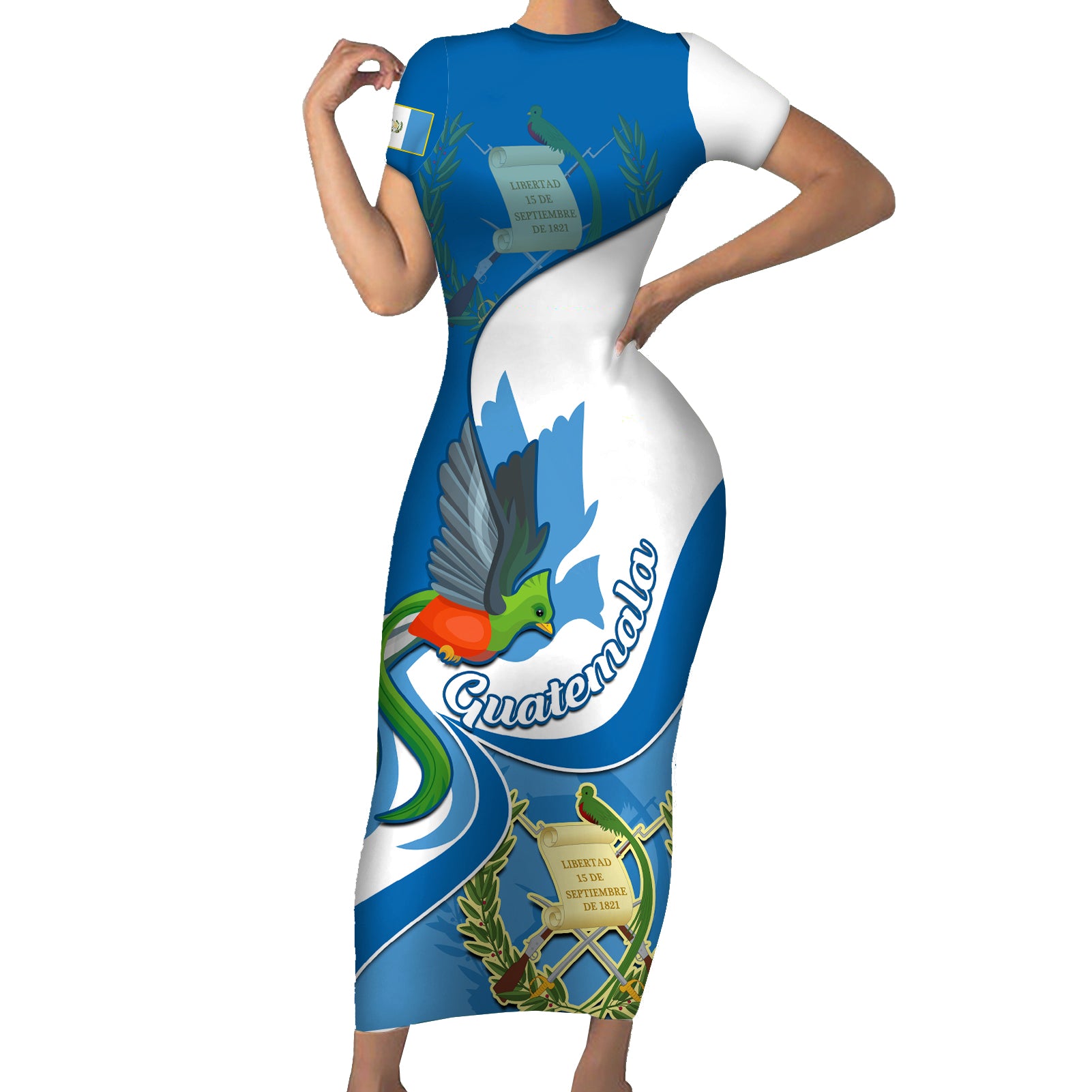 Guatemala Short Sleeve Bodycon Dress Guatemalan Quetzal With Coat of Arms - Wonder Print Shop