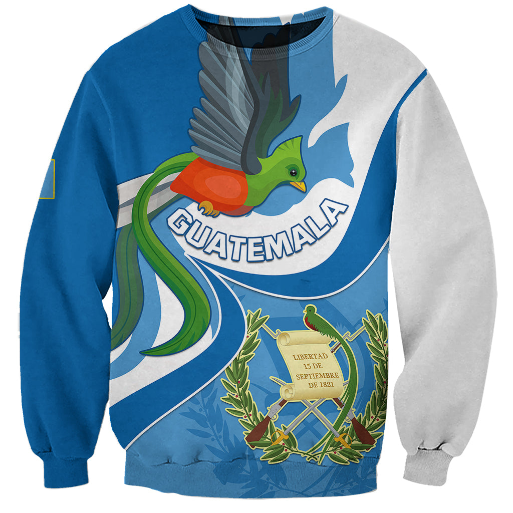 Two-tone blue and heather gray unisex sweatshirt with Quetzal and Guatemala coat of arms print