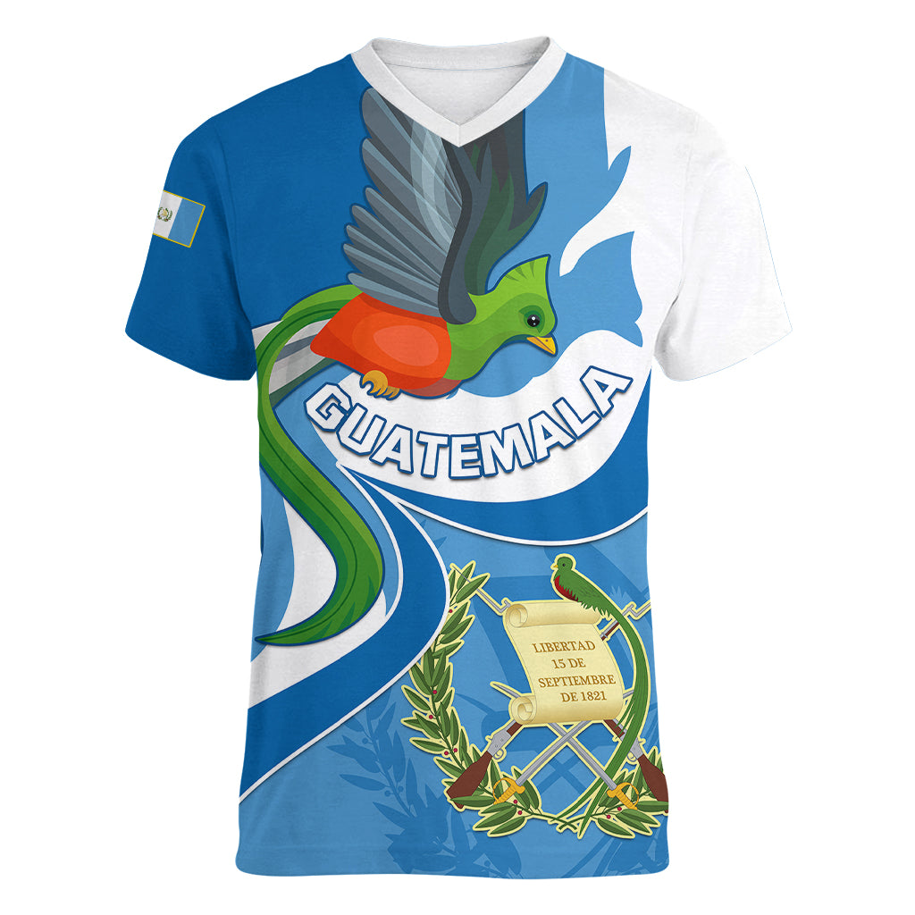 Guatemala Women V Neck T Shirt Guatemalan Quetzal With Coat of Arms - Wonder Print Shop